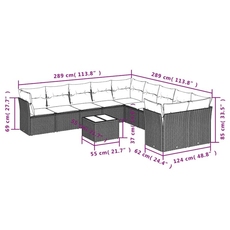 vidaXL 10/11 Piece Patio Sofa Set with Cushions Brown/Gray Poly Rattan - 21.7 x 24.4 x 27.2