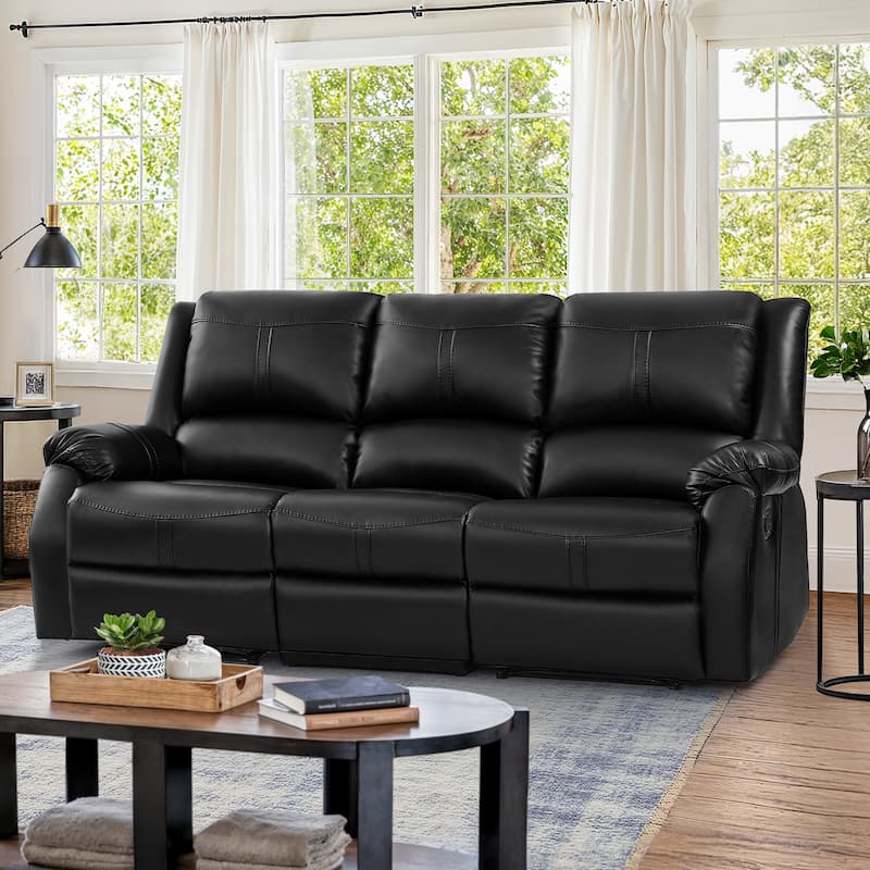 Manual Recliner,Faux Leather Reclining Sofa Set, 3-Seater Reclining Sofas For Living Room - 80.7"W X 37.4"D X 39.8"H - Black