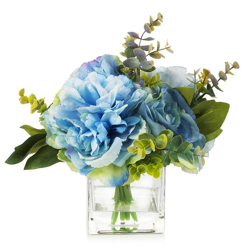 Enova Home Mixed Artificial Peony Flower and Eucalyptus Arrangement in Cube Glass Vase with Faux Water for Home Decór - Blue