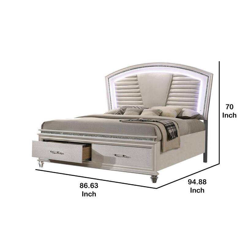Sam California King Bed with LED, Storage, White Tufted Faux Leather