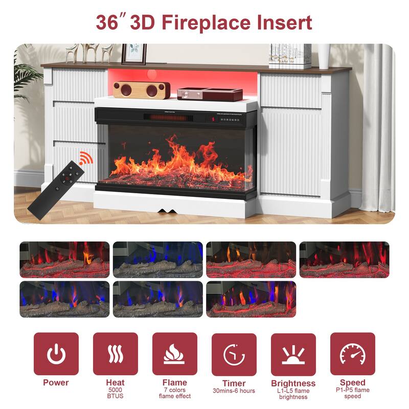 Modern TV Stand with Electric Fireplace for TVs up to 80" with LED Lights, Storage Cabinet & Drawers for Living Room