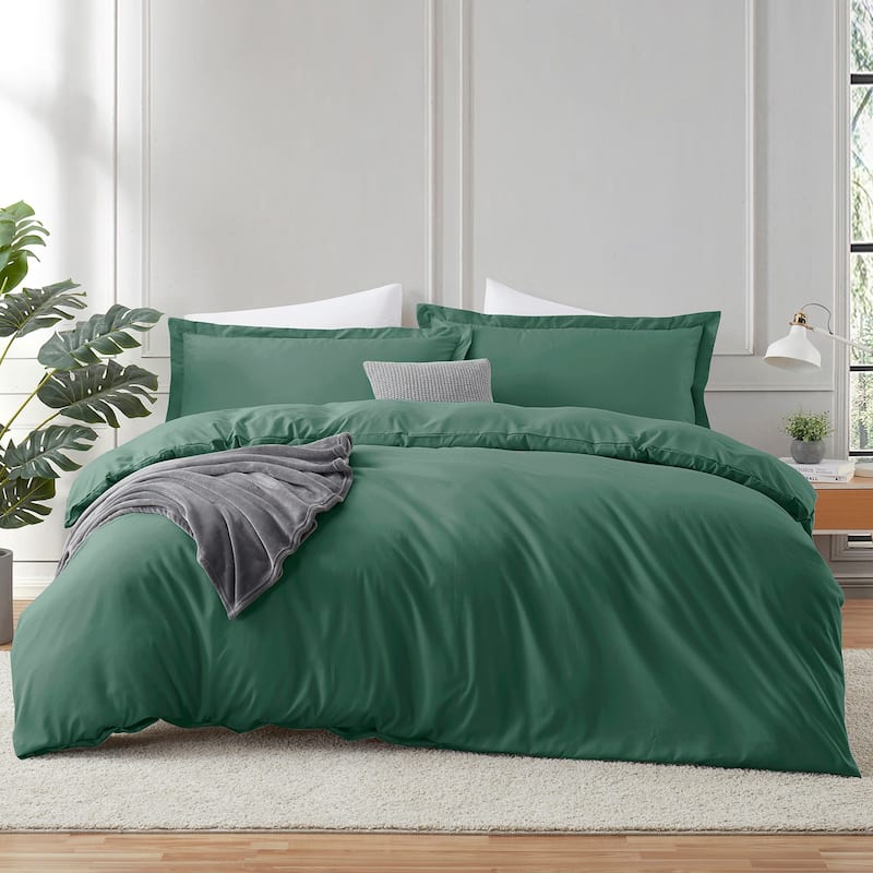 Emperyan Duvet Cover With Fitted Sheet Soft Double Brushed Bedding Set - Dark Green - Twin