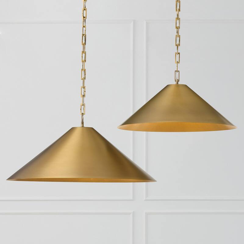 1-Light Metal Cone Pendant in Aged Brass with Painted Brass Interior and Rectangular Designer Chain