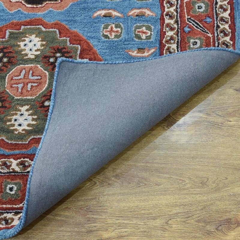 Hand Tufted Wool Area Rug Oriental Light Blue Red K00S15 6'x9' Bed