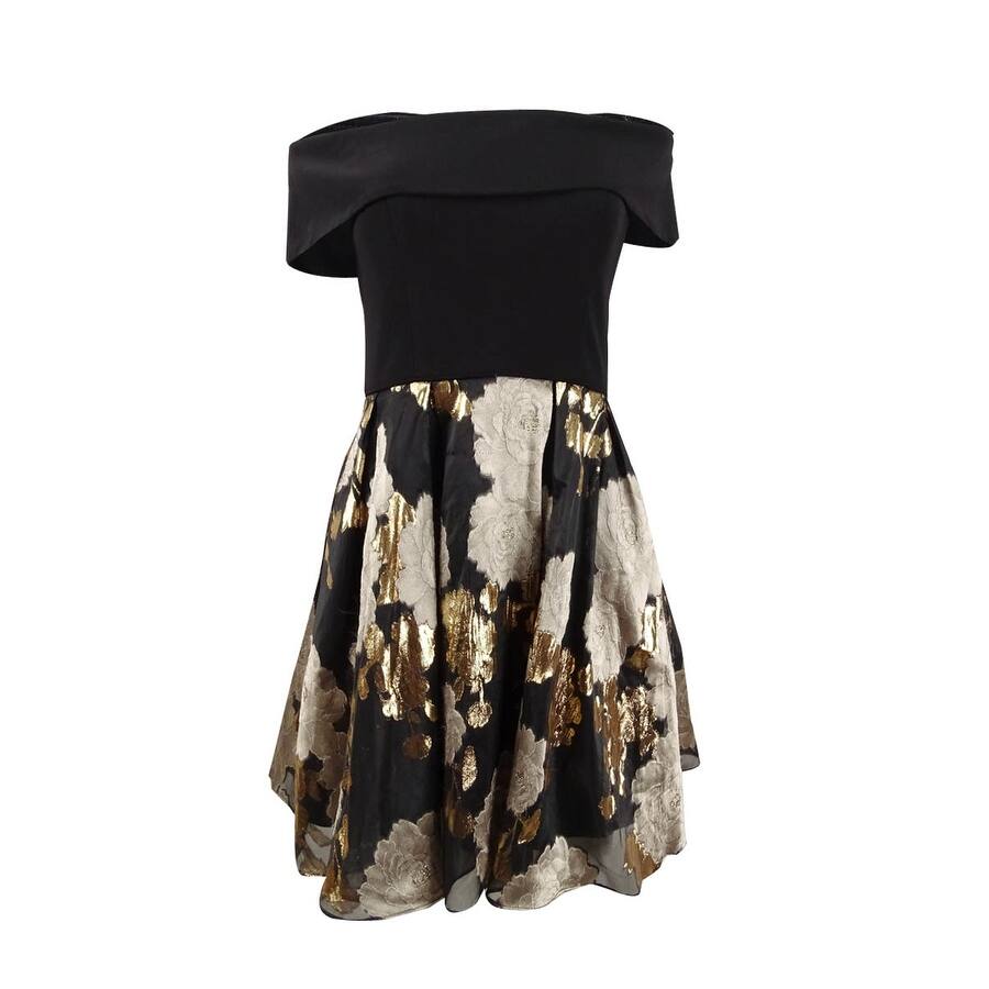 Betsy & Adam Women's Off-The-Shoulder Brocade Dress (4, Black/Gold)