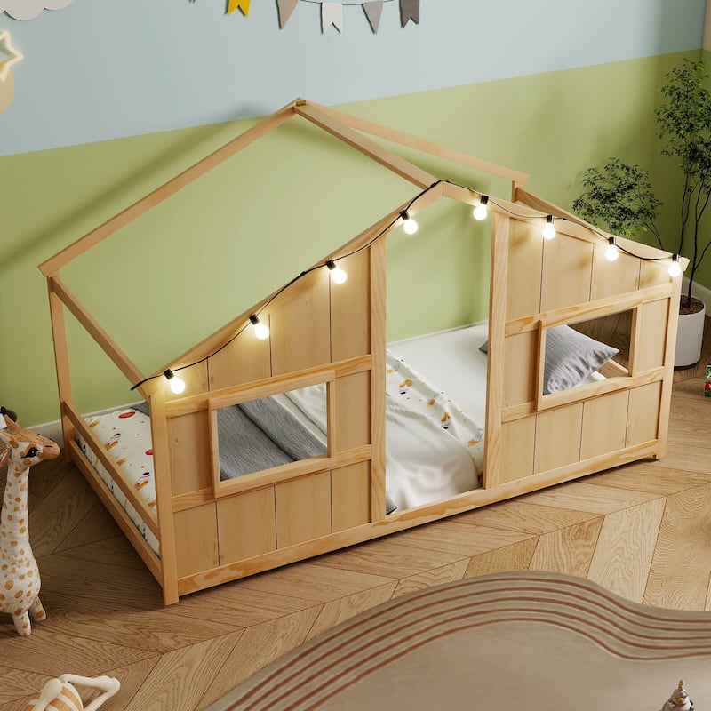 Costway Twin Size House Floor Bed with LED Lights Solid Wood Bed Frame
