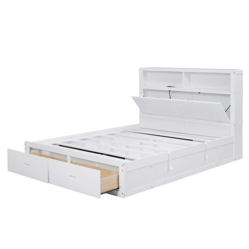 Queen Size Wooden Bed with LED Headboard, Charging Station, 2 Drawers