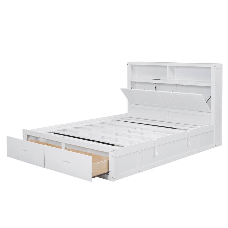 Wooden Bed with LED Storage Headboard, Charging Station, and 2 Drawers
