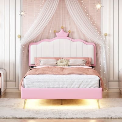 PU Upholstered Princess Platform Bed With Crown Headboard,Light Strips