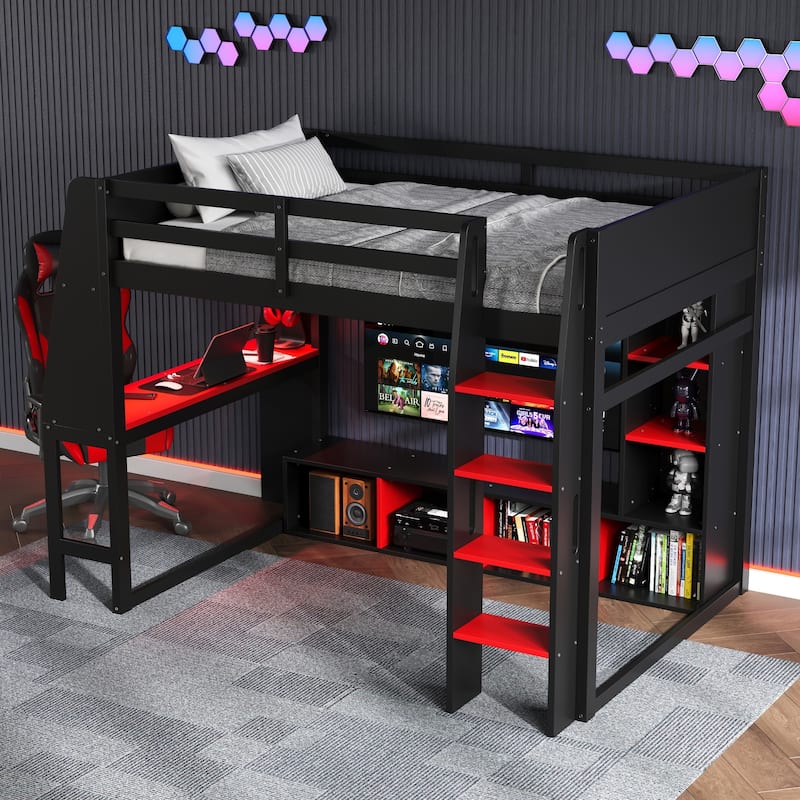 Gaming Loft Bed Teen Bed Frame with Desk Multi-storage Shelves Hanging Clothes Rack Space Saving LED Workstation Loft Bed