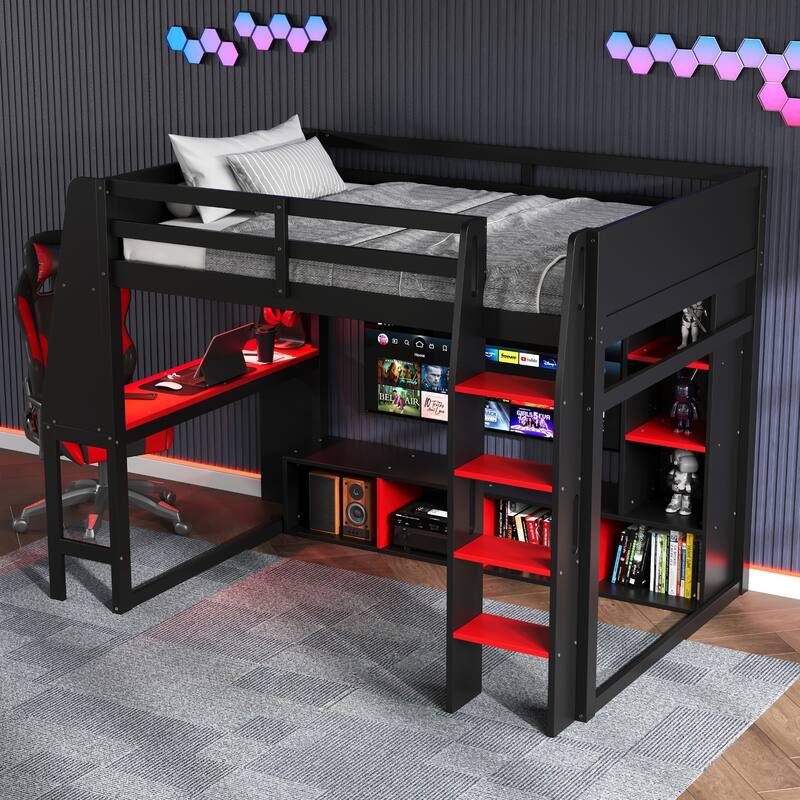 Wood Full Size Gaming Loft Bed with Desk, Cabines Shelves, LED and Clothes Rack, Black - Black - Full