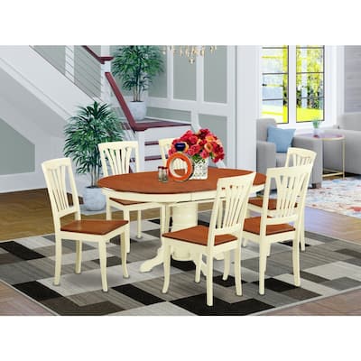 HomeStock 7-Piece Oval Buttermilk and Cherry Finish Solid Wood Top Dining Table with 6 Chairs with Lattice Back
