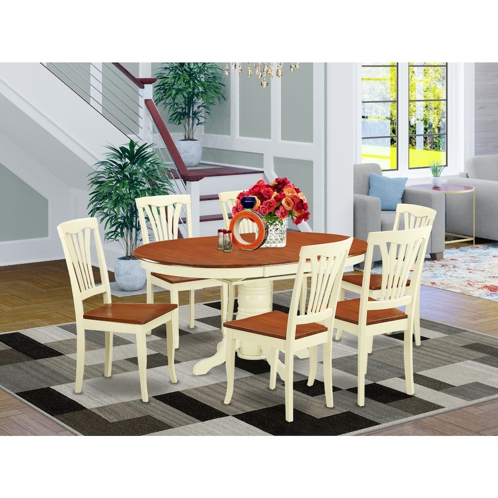 HomeStock 7-Piece Oval Buttermilk and Cherry Finish Solid Wood Top Dining Table with 6 Chairs with Lattice Back