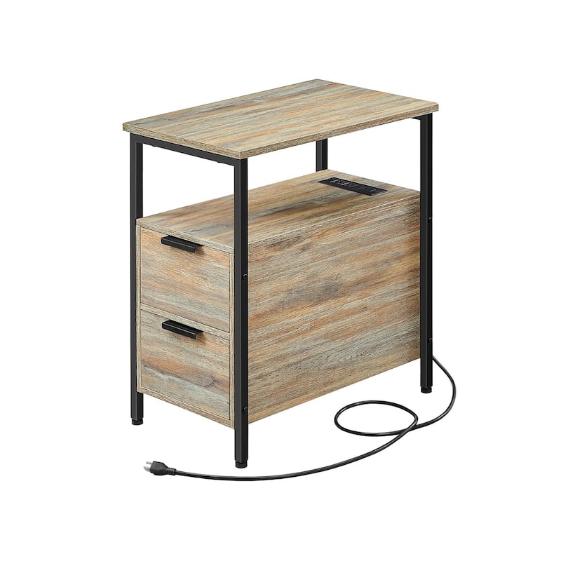 2 Drawers Slim Side End Table Nightstand with 2 Open Shelves and Charging Station for Living Room or Bedroom - Oak-Black