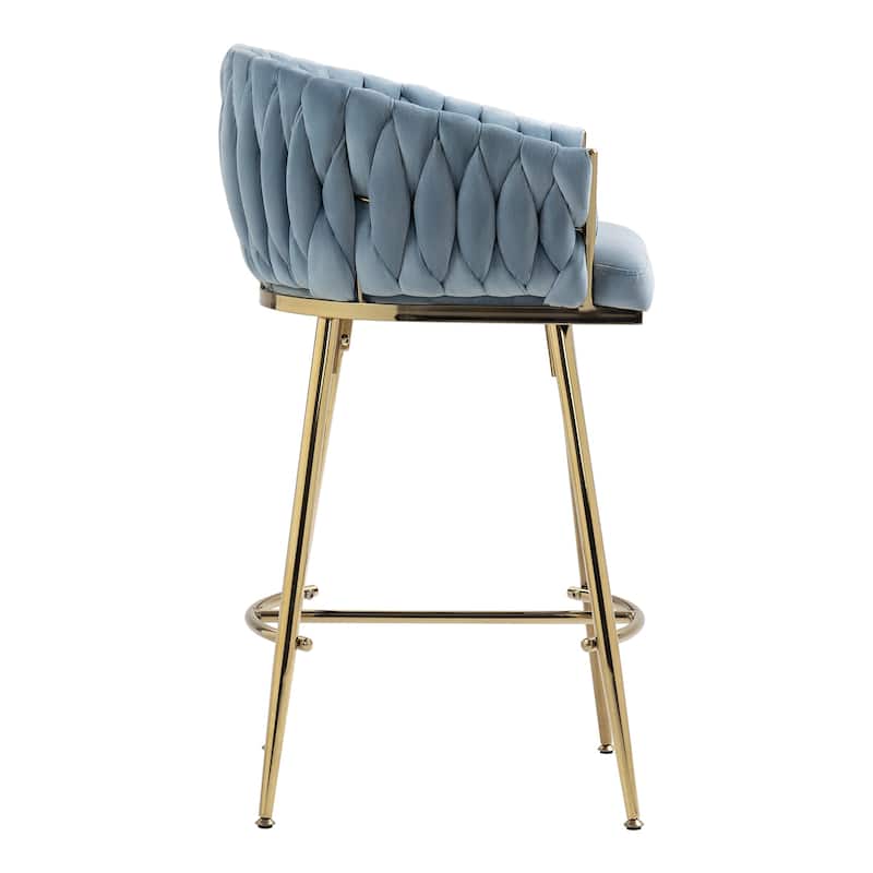 Modern Velvet Counter Height Bar Stools with Hand-Wave Back, Golden Chromed Base & Footrest for Kitchen Island, Set of 2
