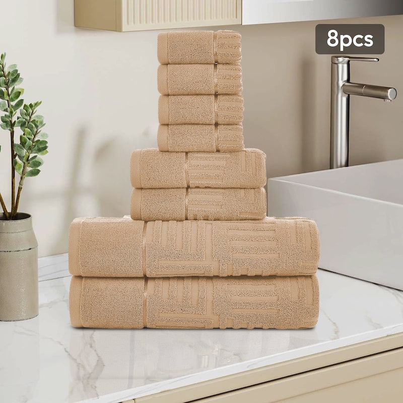 Luxury Jacquard 8 Piece Bath Towels Set - Camel