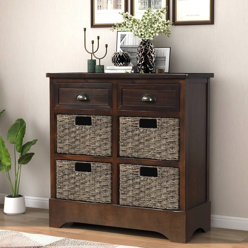 Rustic Storage Cabinet with Two Drawers and Four Classic Rattan Basket for Dining Room, Living Room