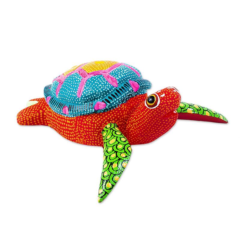 Novica Handmade Orange Turtle Wood Alebrije Figurine