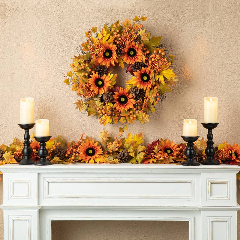 Glitzhome Fall Thanksgiving Sunflower Maple Leaf Berry Garland Swag Wreath Door Decor