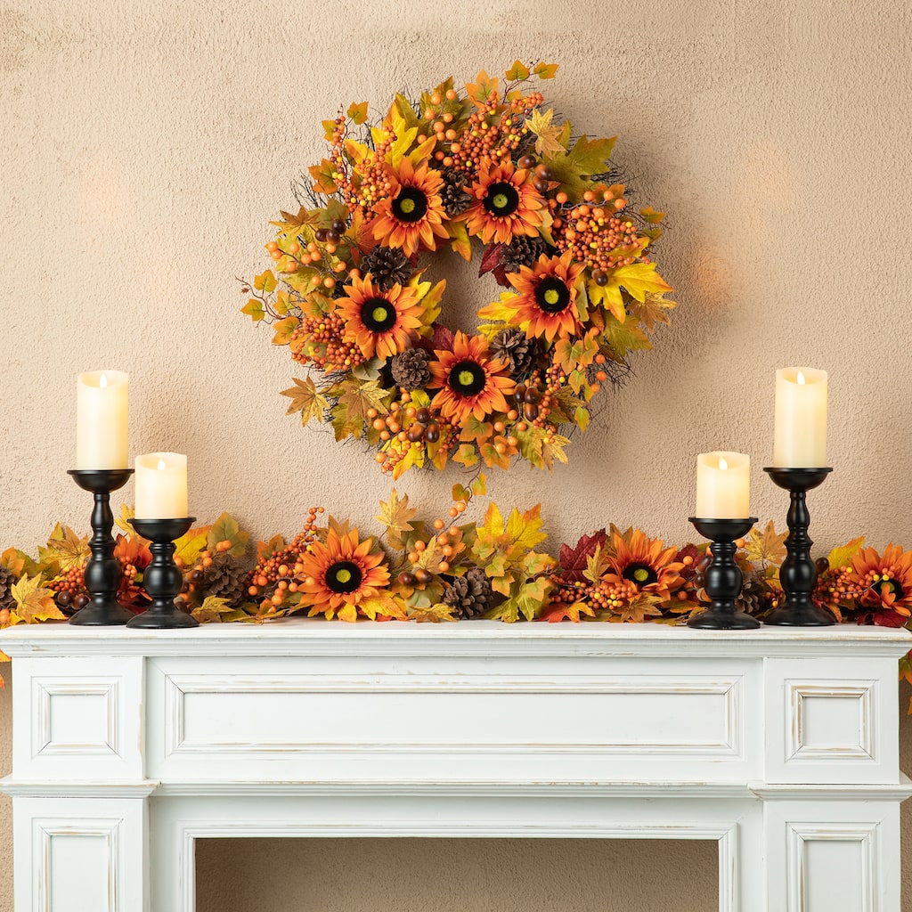 Glitzhome Fall Thanksgiving Sunflower Maple Leaf Berry Garland Swag Wreath Door Decor