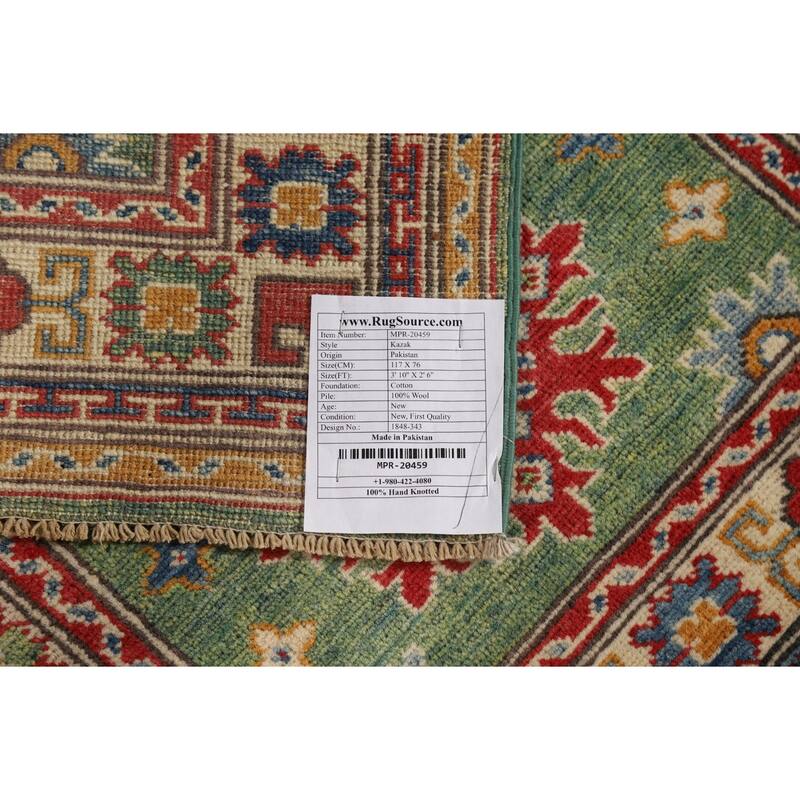 Green Geometric Kazak Foyer Rug Handmade Wool Carpet - 2'6"x 3'10"