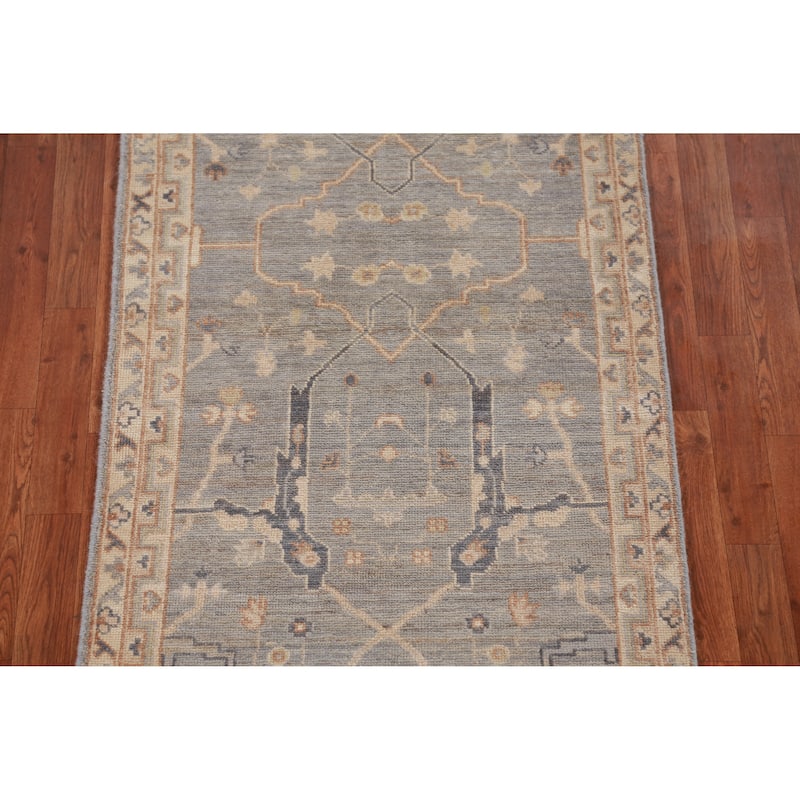 Hand Knotted Oriental 100% Wool Carpet Transitional All-Over Greys & Charcoal Oushak Runner Rug - 12' 1'' X 3' 0''