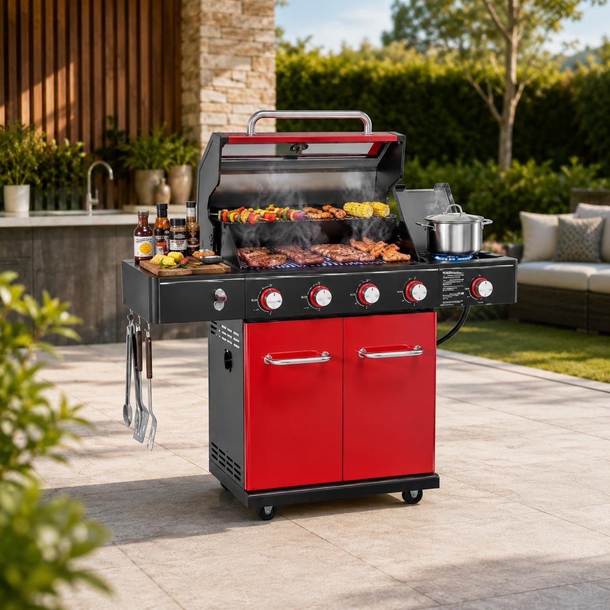 4-Burner Propane Grill w/ Side Burner, 56000 BTU Red Outdoor BBQ Grill