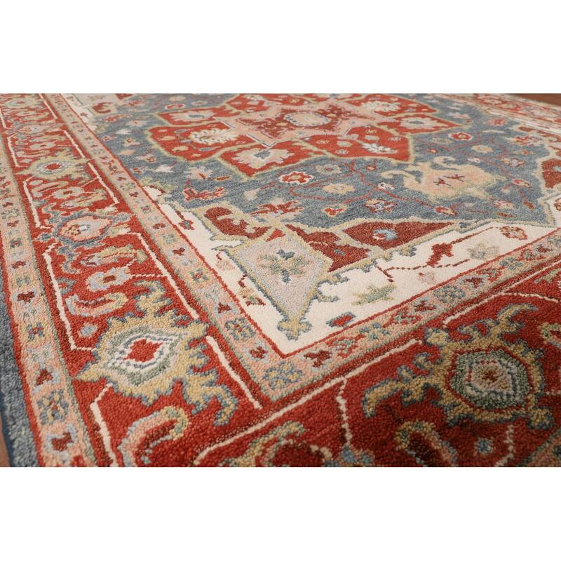 Blue & Orange Heriz Serapi Indian Area Rug Hand-Knotted Wool Carpet - 7'11"x 9'10"