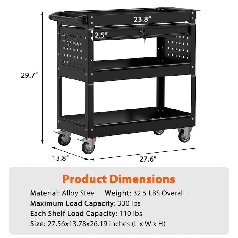 3-Tier Rolling Tool Cart on Wheels for Mechanics with Utility Drawer