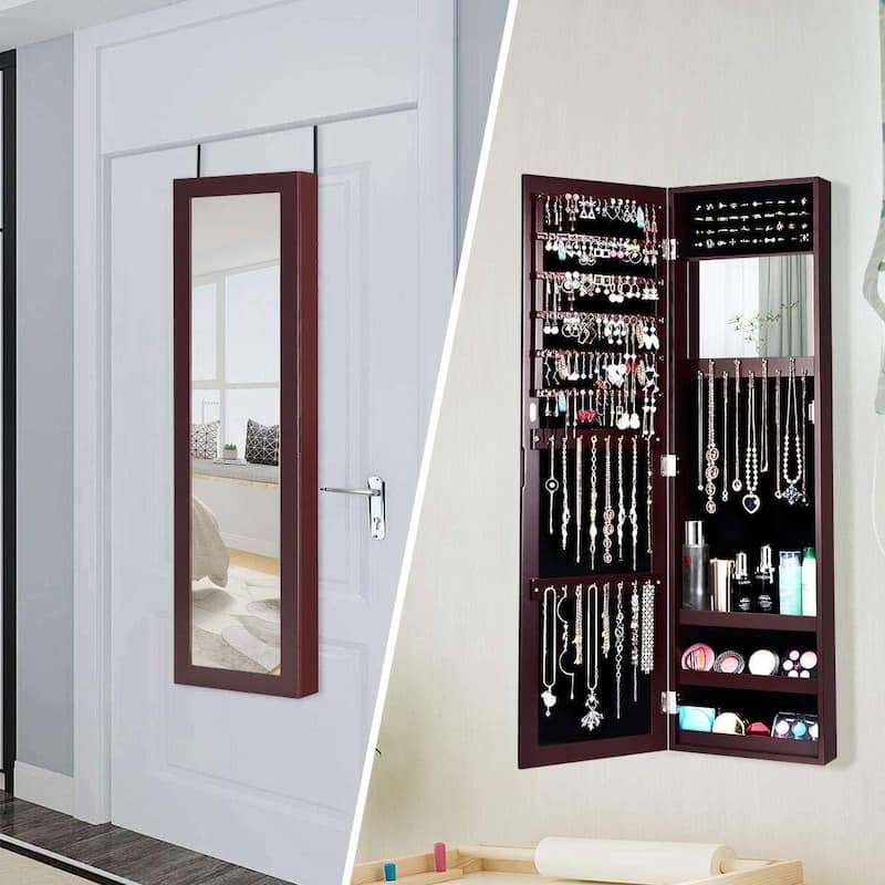 2-in-1 Wall or Door Mounted Jewelry Organizer Full Length Mirror - 3.5"D x 12.5"W x 43.5"H - Dark Brown