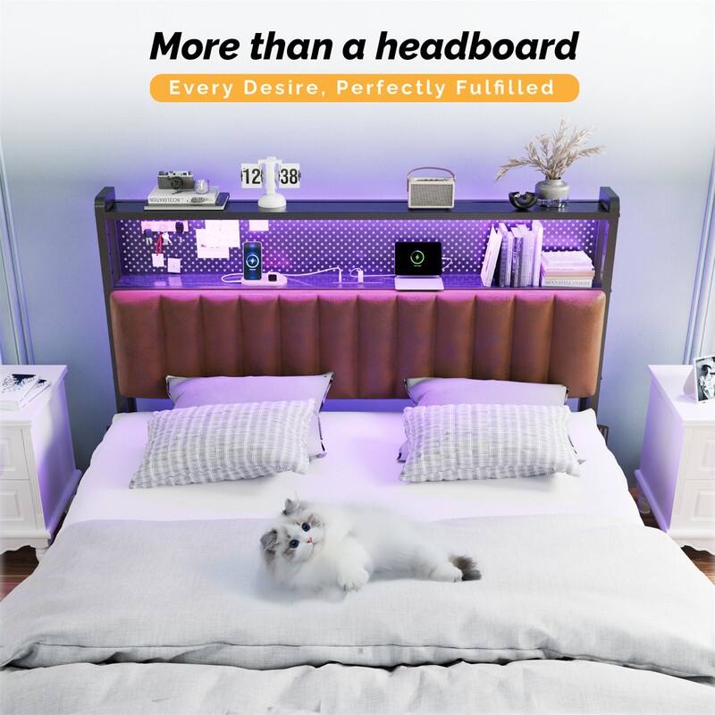 Adjustable Upholstered Headboard with 2 Tier Shelves with Charging Stations and LED Lights, Modern Bed Headboard with Storage