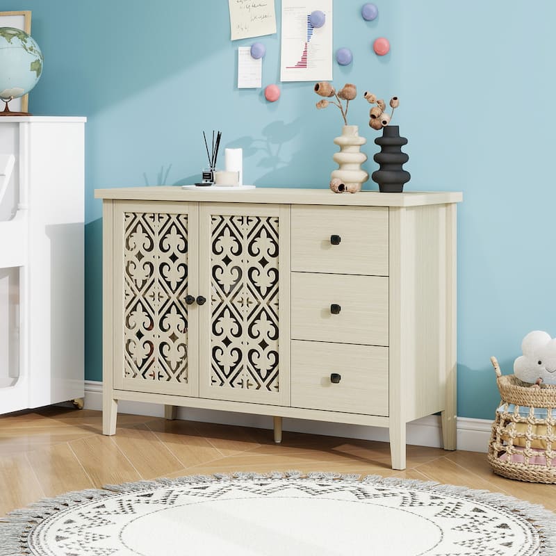 Roomfitters Hollow Carved Sideboard Buffet Cabinet with 2 Doors and 3 Drawers, Natural - Natural