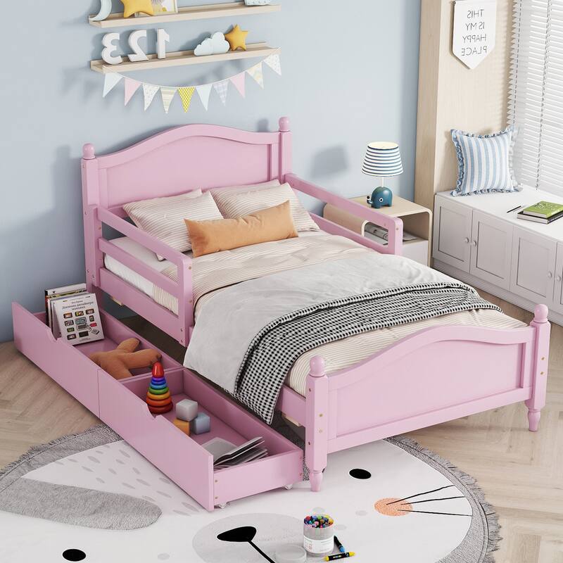 Wood Platform Bed with Guardrails on Both Sides and Two Storage Drawers
