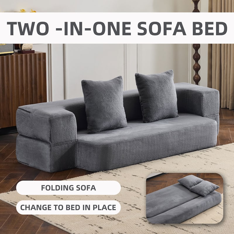 74.81" Faux Fur 3-in-1 3-Seater Floor Sofa, Converts to Bed with Memory Foam