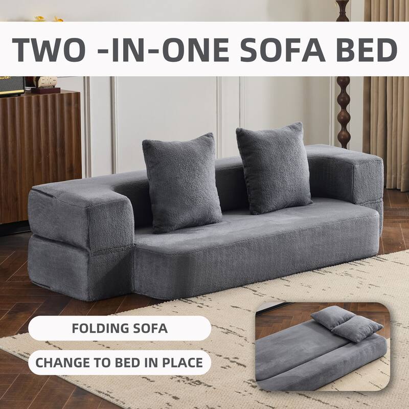 Transformable Sectional Sofa with 3 Ottomans - Fold-Out Bed, Light Grey Chenille Lounger in Faux Fur