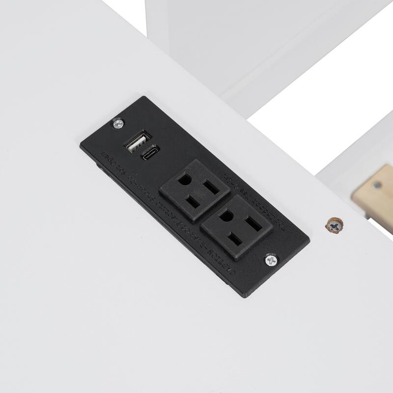 Full Size Wooden Daybed with Built In Desk, Charging Station, Versatile LED Platform Sofa Bed Frame