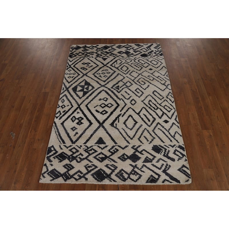 Abstract Moroccan Oriental Area Rug Hand-Knotted Wool Carpet - 3'10" x 5'9"