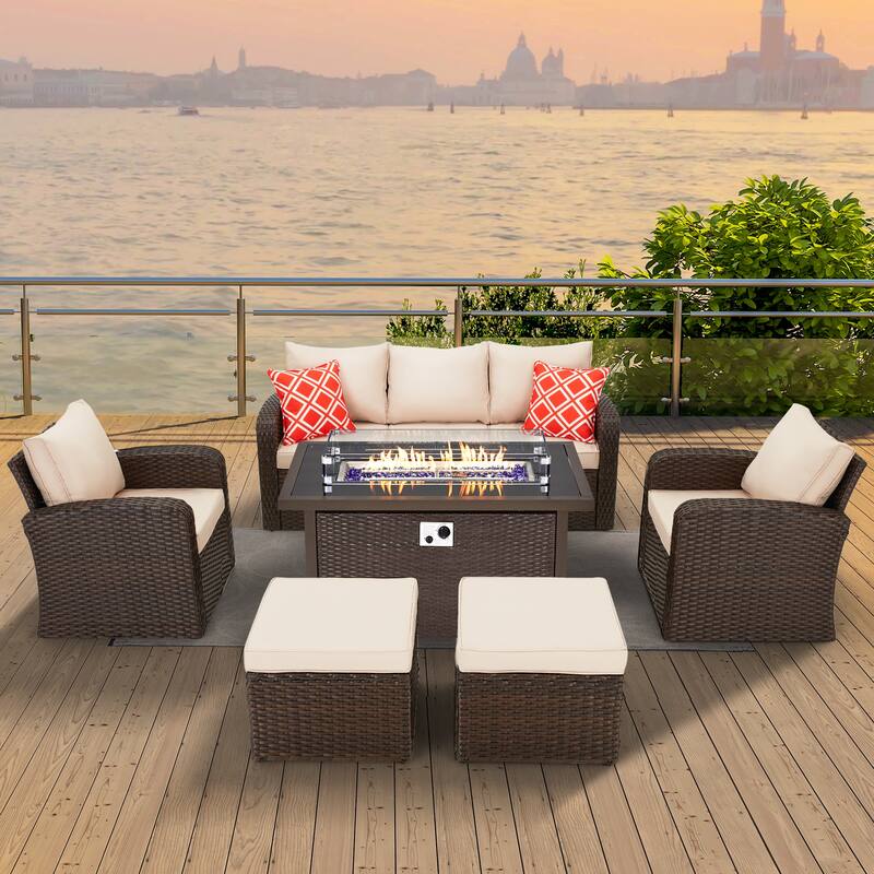 6-Piece Rattan Patio Set with Fire Pit Table, Outdoor Conversation Set with Cushions, Weather-Resistant Sofa Sectional - With Fire Pit Table - Khaki