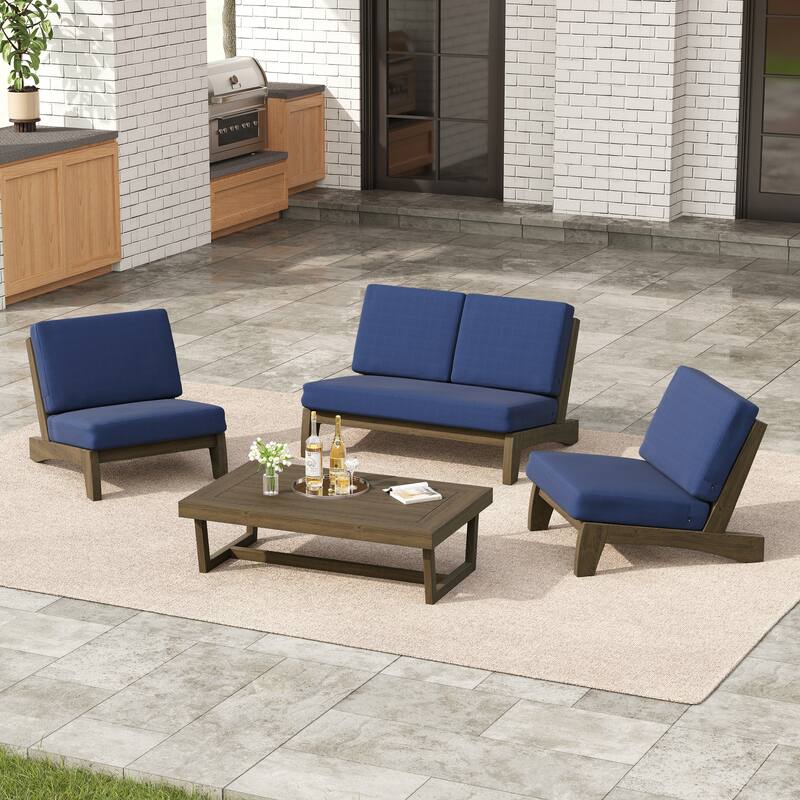 4 Set Outdoor Patio Teak Wood Club Chairs Loveseat with Cushion