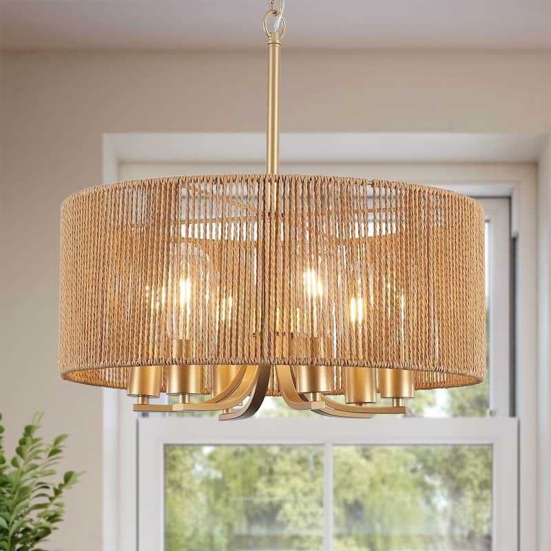 6-Light Boho Farmhouse Handwoven Paper Rope Rattan Chandelier - Yellow