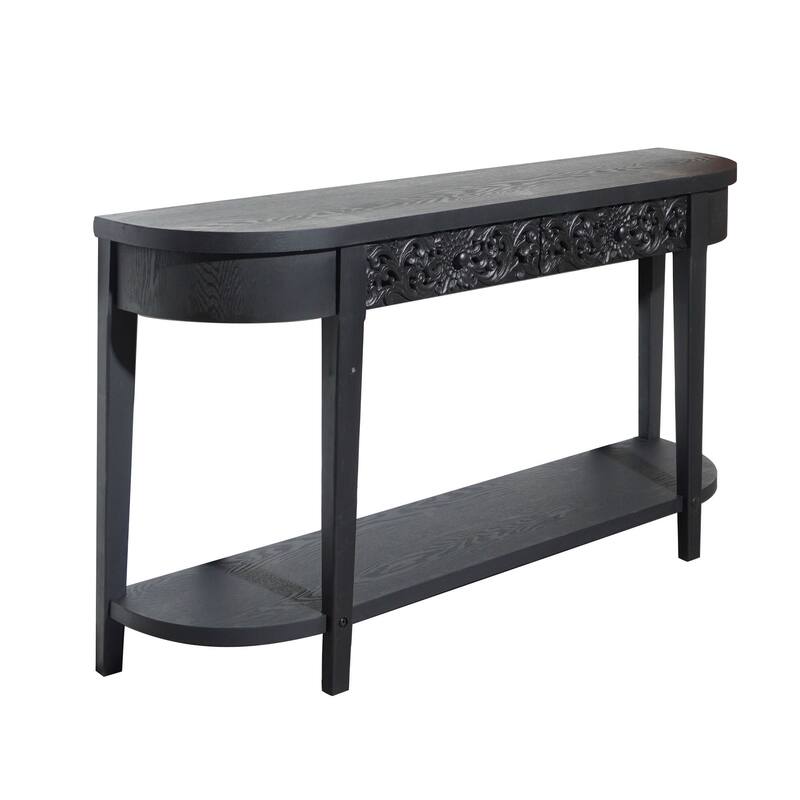 Carved Wooden Console Table with Lower Storage Shelf Tow Drawers