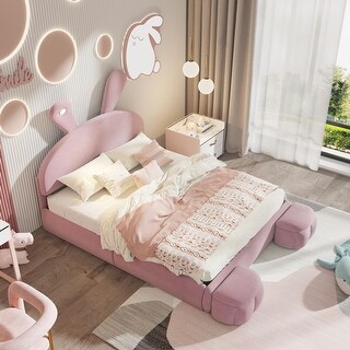 Full Pink Velvet Upholstered Platform Bed w/LED Lights, Storage Stools