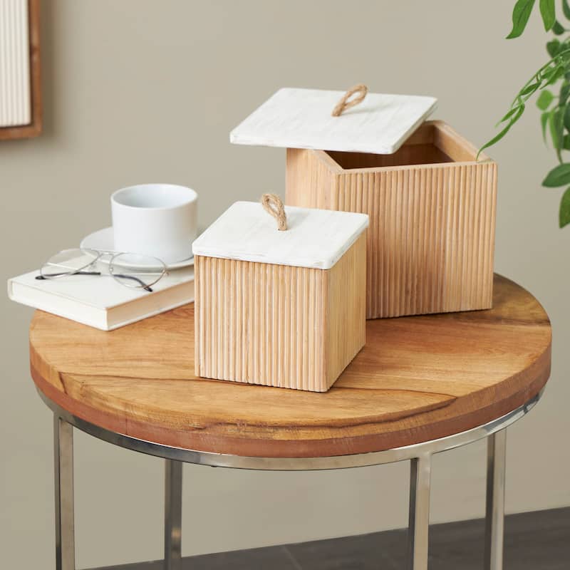 Brown or Cream Wooden Box with White Washed Wood Lids (Set of 2) - Brown - 7", 6"H