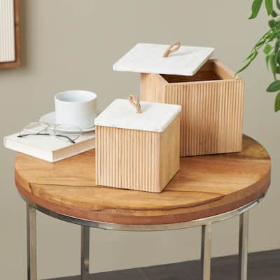 Brown or Cream Wooden Box with White Washed Wood Lids (Set of 2)