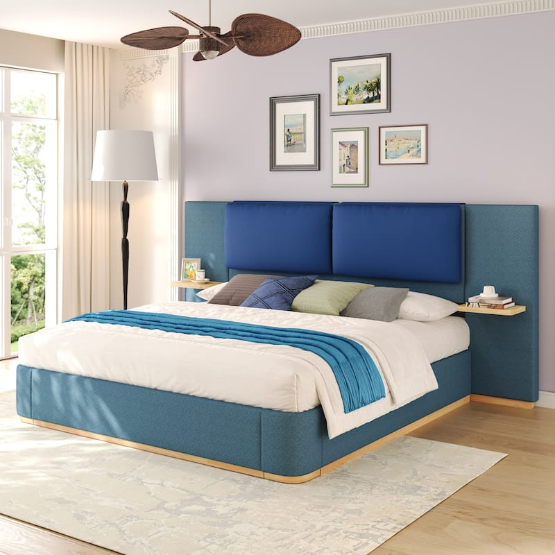 Roomfitters Queen Size Upholstered Platform Bed Frame, Modern Panel Headboard with Rounded Corners, Solid Wood Slats - Blue