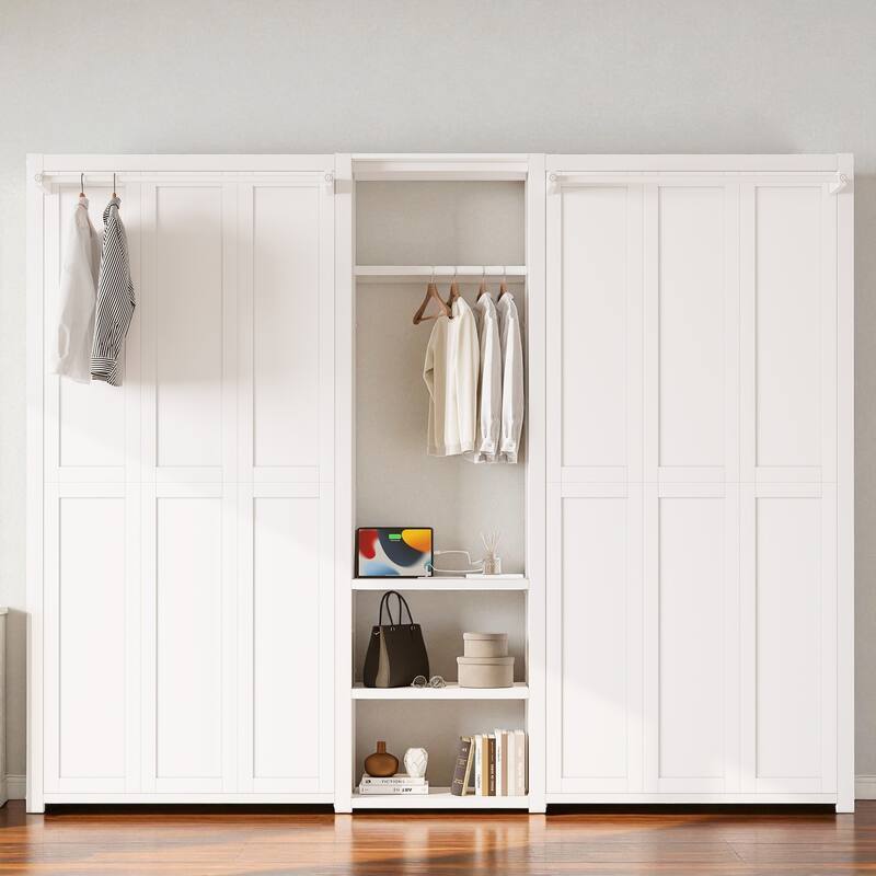 Twin and Twin Foldable Murphy Bed with Wardrobe, Shelves & Power Outlets, 2-in-1 Metal Space-Saving Wall Bed Design - White - Twin