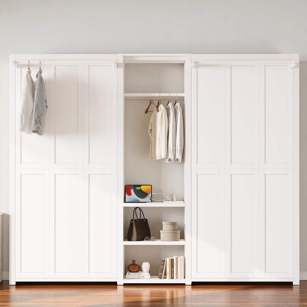 Twin and Twin Foldable Murphy Bed with Wardrobe, Shelves & Power Outlets, 2-in-1 Metal Space-Saving Wall Bed Design