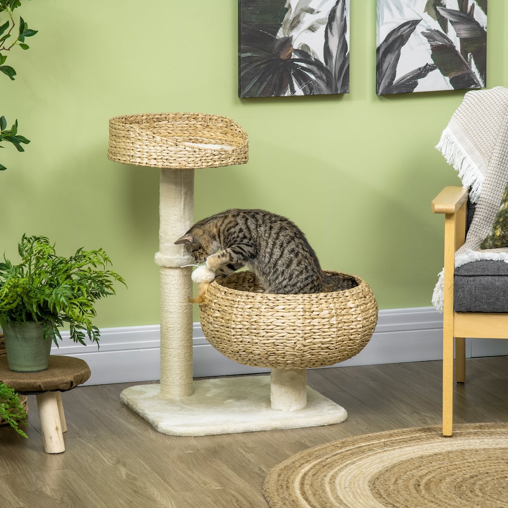 PawHut 28" Elevated Cat Bed with Sisal Scratching Post for Indoor Kitties, Modern Cat Tree with Cute Basket Design