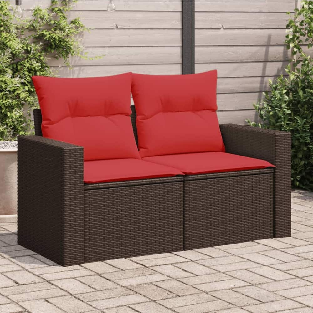 vidaXL Patio Sofa with Cushions 2-Seater Loveseat Poly Rattan Brown/Gray/Black - 51.6" x 24.4" x 27.2"