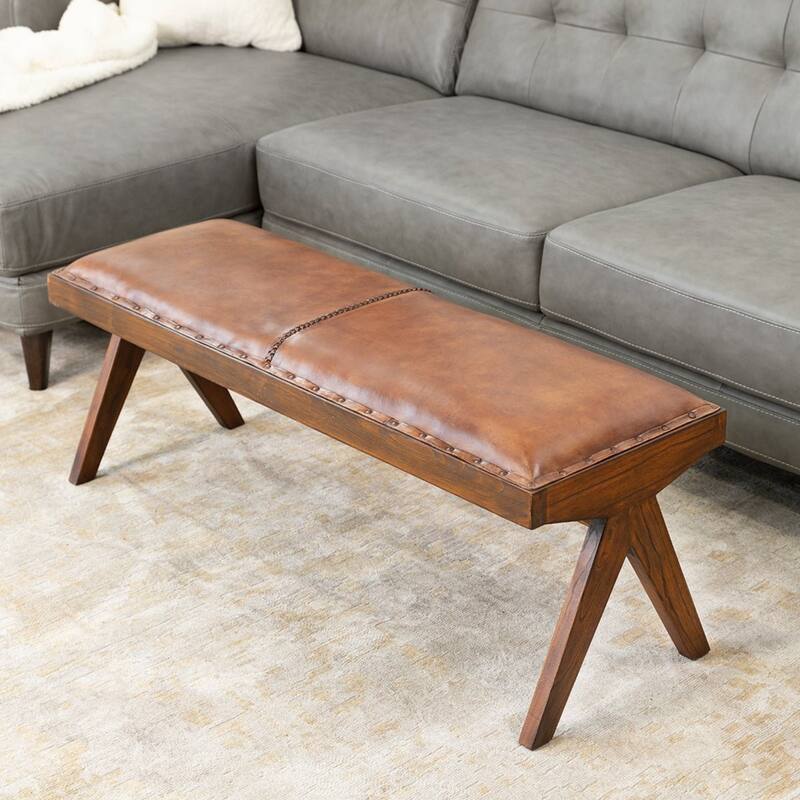 GDFStudio - Chad Modern Mid-Century 47.5" Genuine Leather Bench with Solid Wood Frame - 16.1"W - Brown,Tan